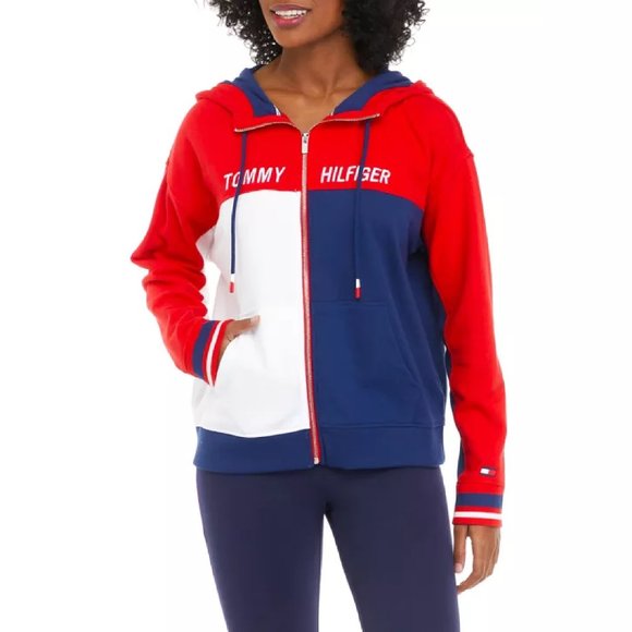new SCARLET RED Tommy Hilfiger Sport Women's Logo Flag Full Zip Jacket Sz Large - Picture 1 of 6